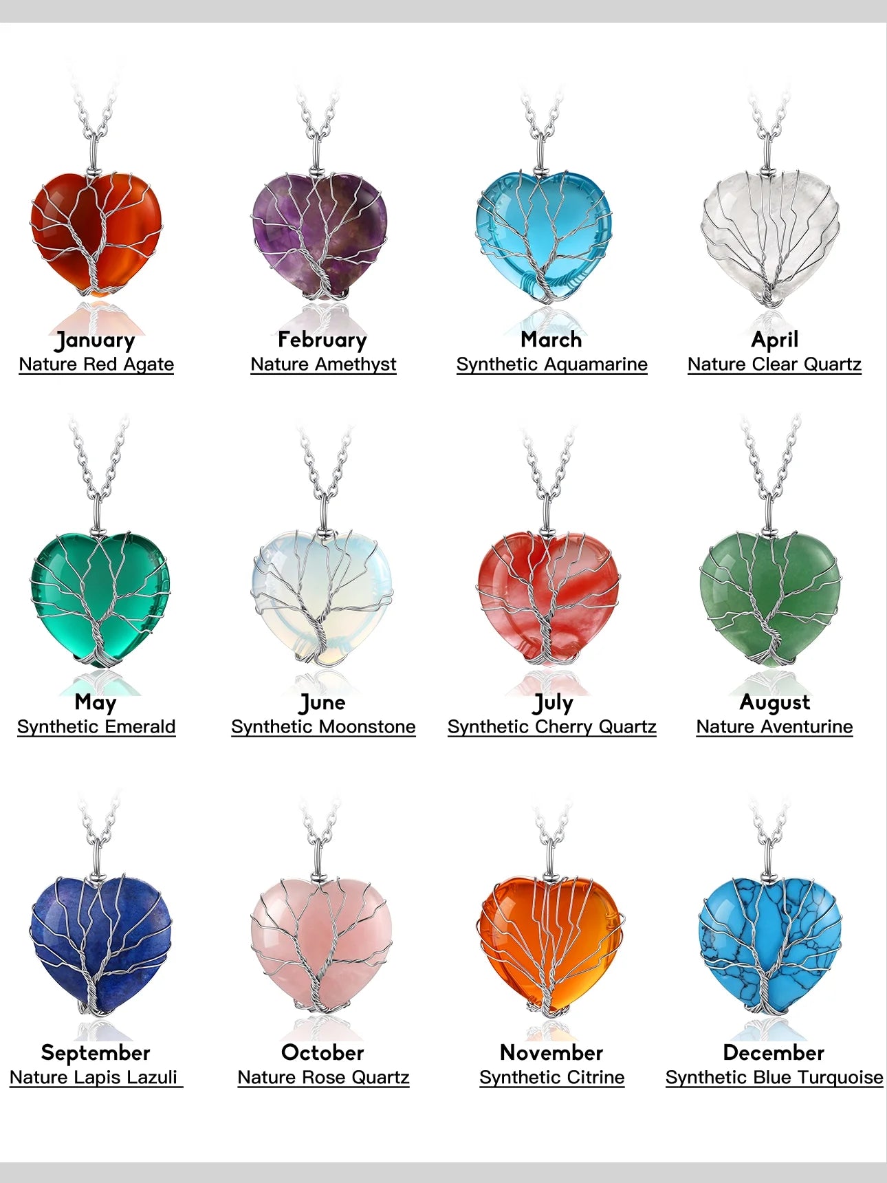 Tree of Life Heart Crystal Necklace Healing Birthstone