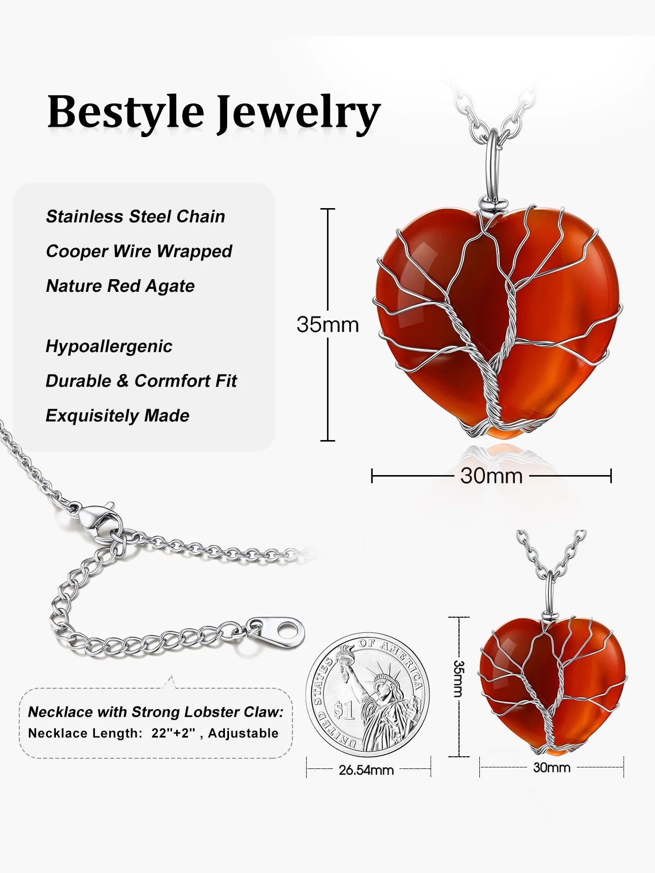 Tree of Life Heart Crystal Necklace Healing Birthstone