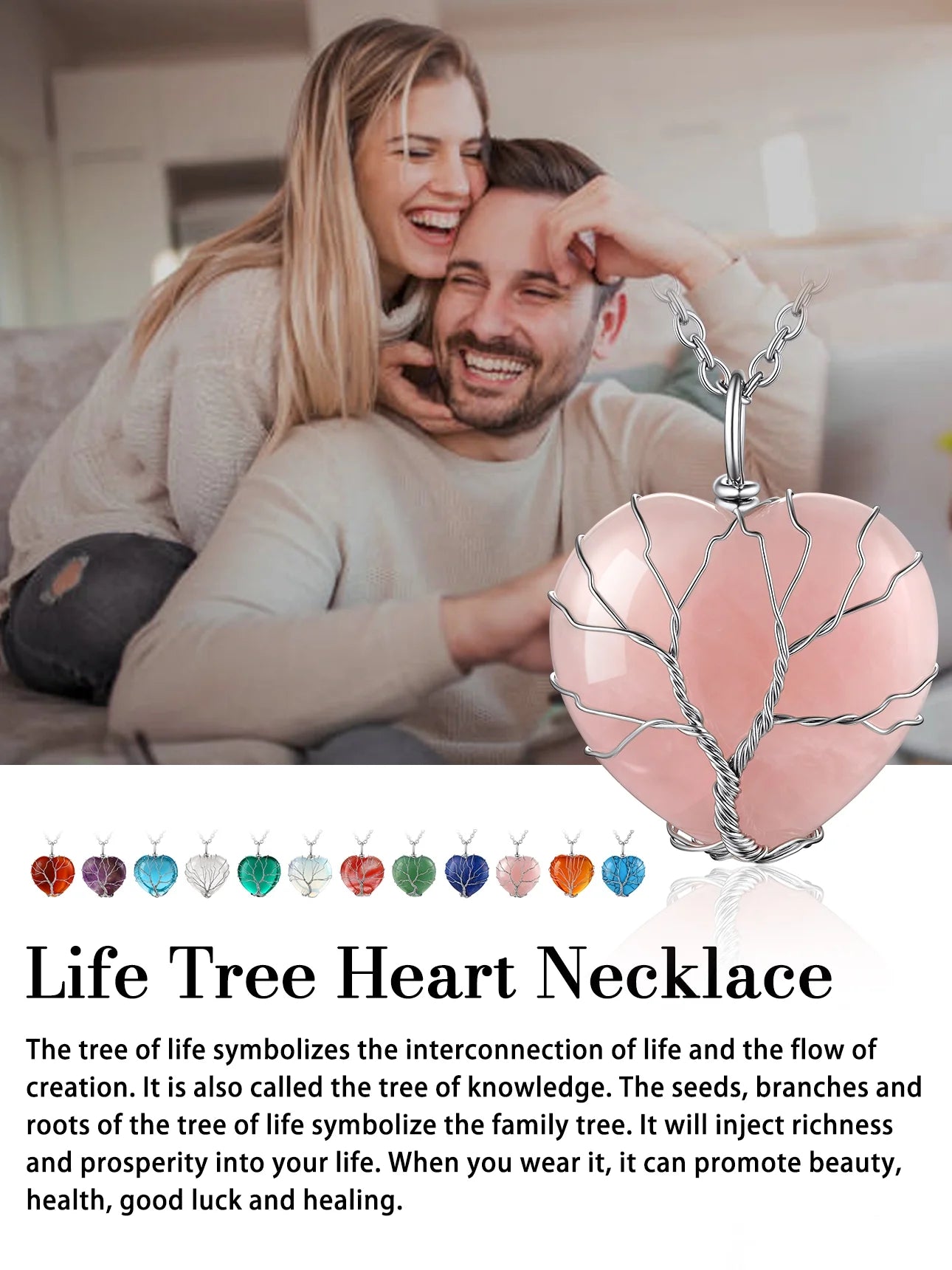 Tree of Life Heart Crystal Necklace Healing Birthstone