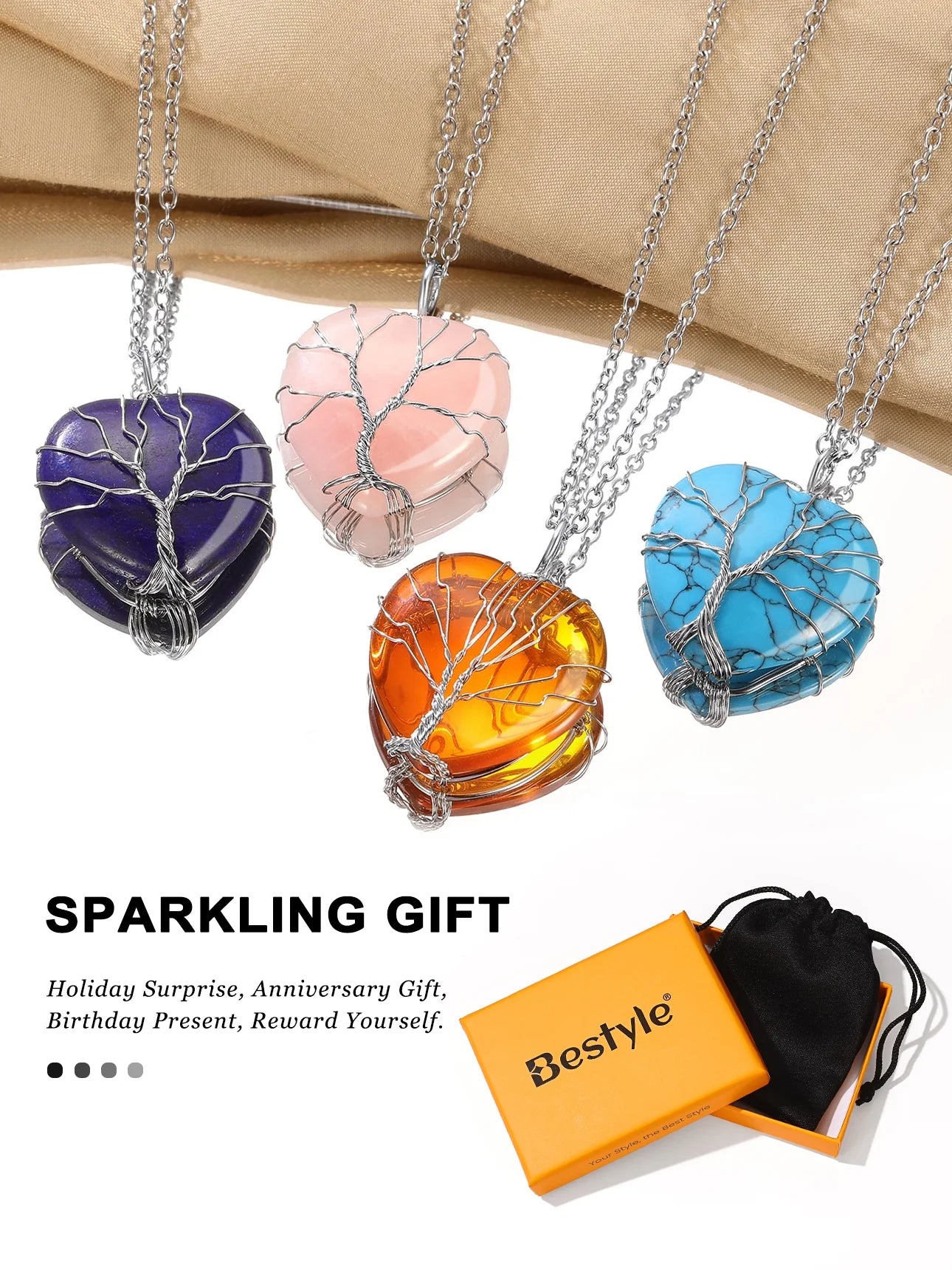 Tree of Life Heart Crystal Necklace Healing Birthstone