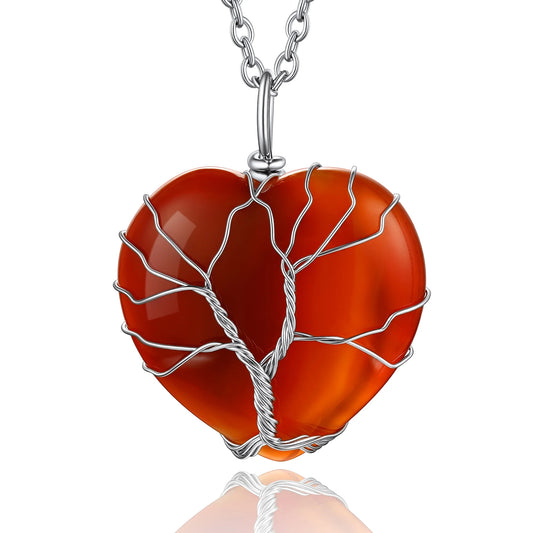 Tree of Life Heart Crystal Necklace Healing Birthstone